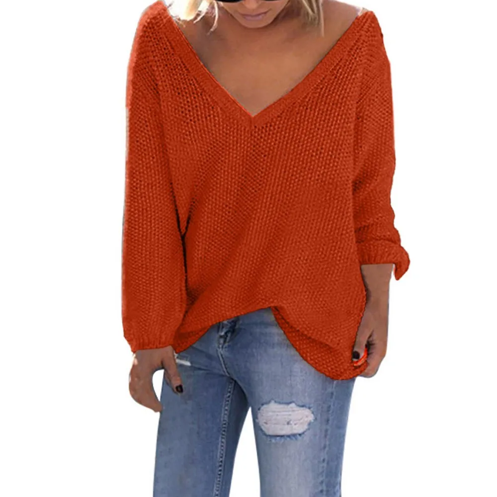 sweater women pullover Tops V Neck Long Sleeve Solid knitted Tops ...