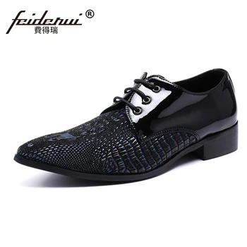 

Plus Size Black Pointed Toe Derby Man Footwear Luxury Designer Patent Leather Alligator Wedding Party Men's Runway Shoes SL97