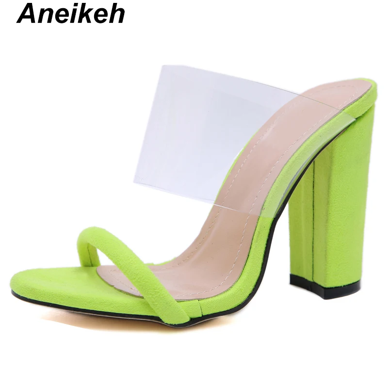 

Aneikeh New Leopard PVC Transparent Slippers Open Toe Perspex Heel Women High Heel Crystal Women's Shoes Transparent Slippers Pu