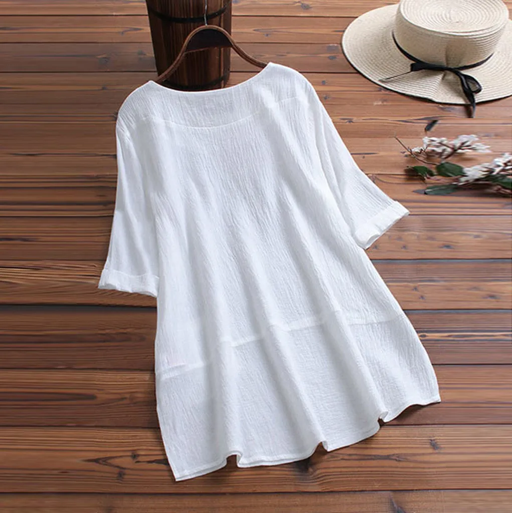 Однотонная белая блузка женская повседневная однотонная с круглым вырезом и карманами короткий рукав хлопок льняной Топ Футболка-блузка размера плюс M-5XL Топ femme# 5