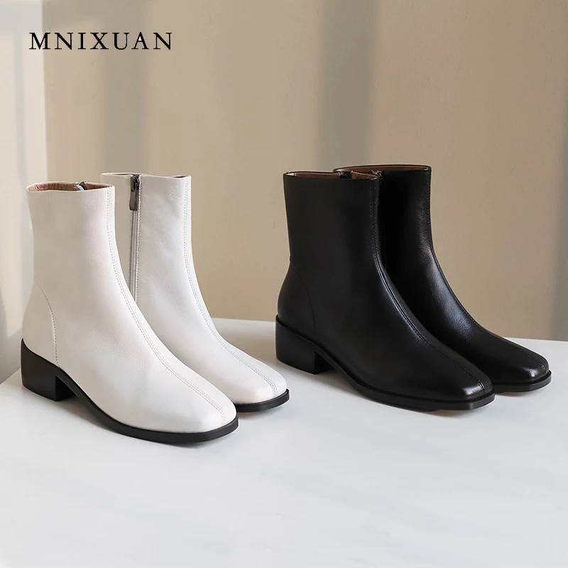

MNIXUAN High quality genuine leather winter women boots shoes 2018 autumn square toe medium heels zipper solid ankle boots black