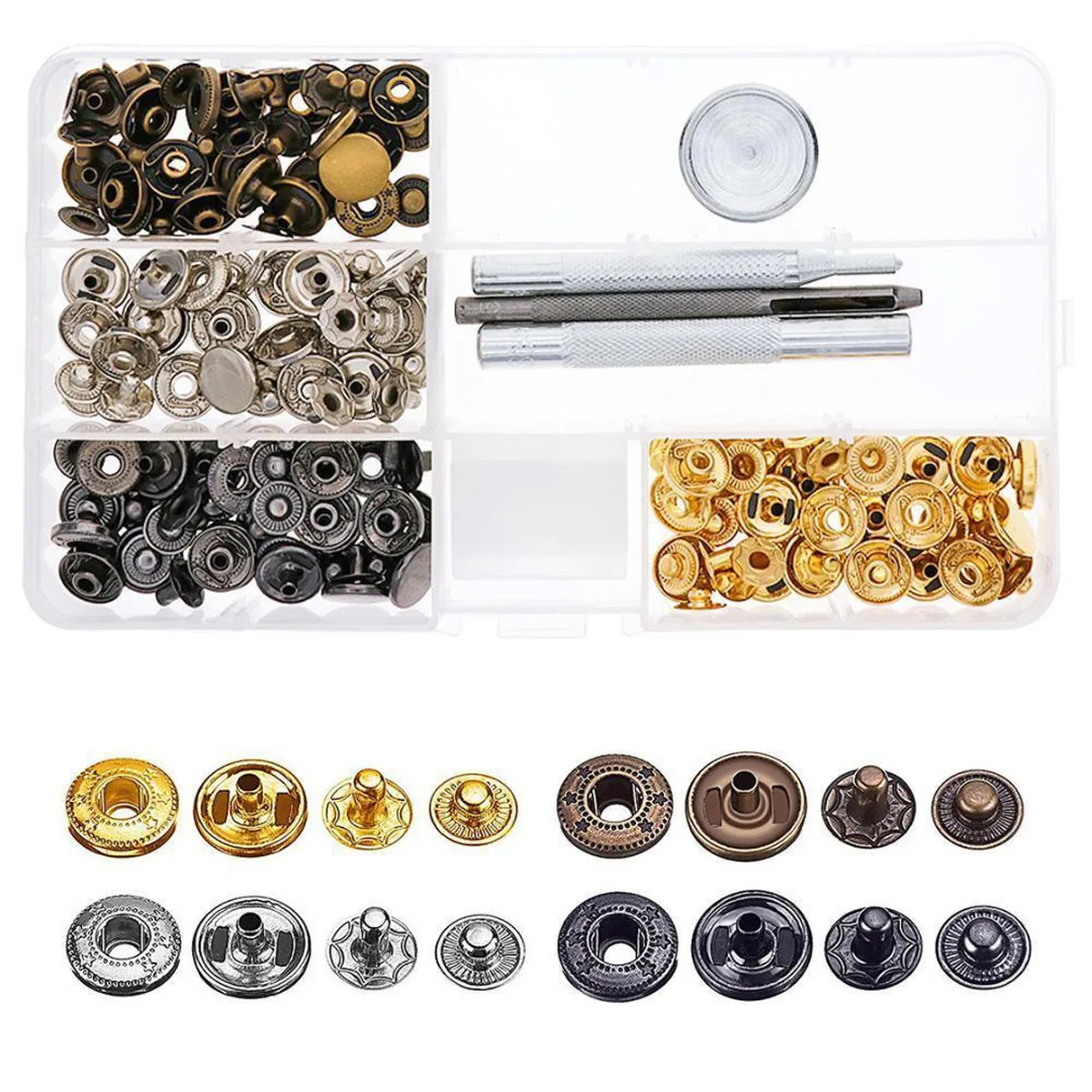 40 Set Metal Snap Fastener Press Stud Buttons Poppers Leather Craft With Fixing Tools Kit Storage Box For DIY Supplies
