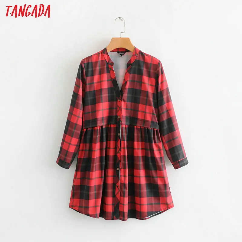 

Tangada women red plaid shirt dress checkered vintage long sleeve pleated female V neck casual mini dress vestidos TL14
