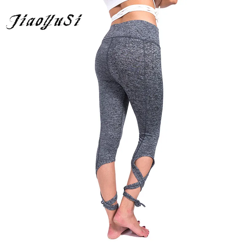 

JiaoYuSi Plus Size black & grey color Push Up Elastic Sporting Leggings For Women Fashion Straps Capri Leggings