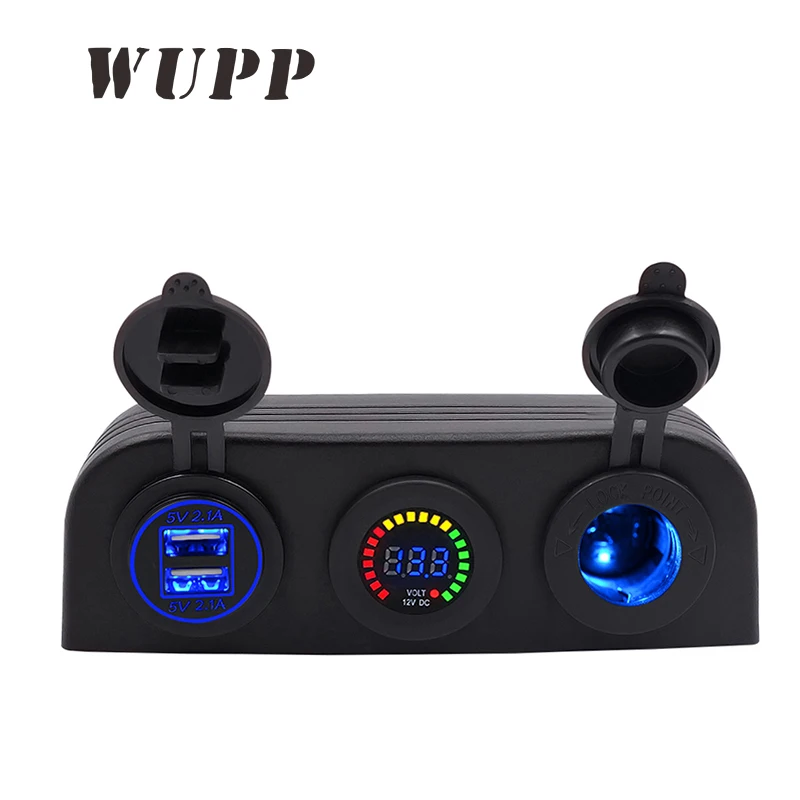 

WUPP Auto 5V 4.2A Dual Usb Car Boat Charger 12V Color Voltmeter Cigarette Lighter Socket Three Holes Tent Panel Blue Red Green