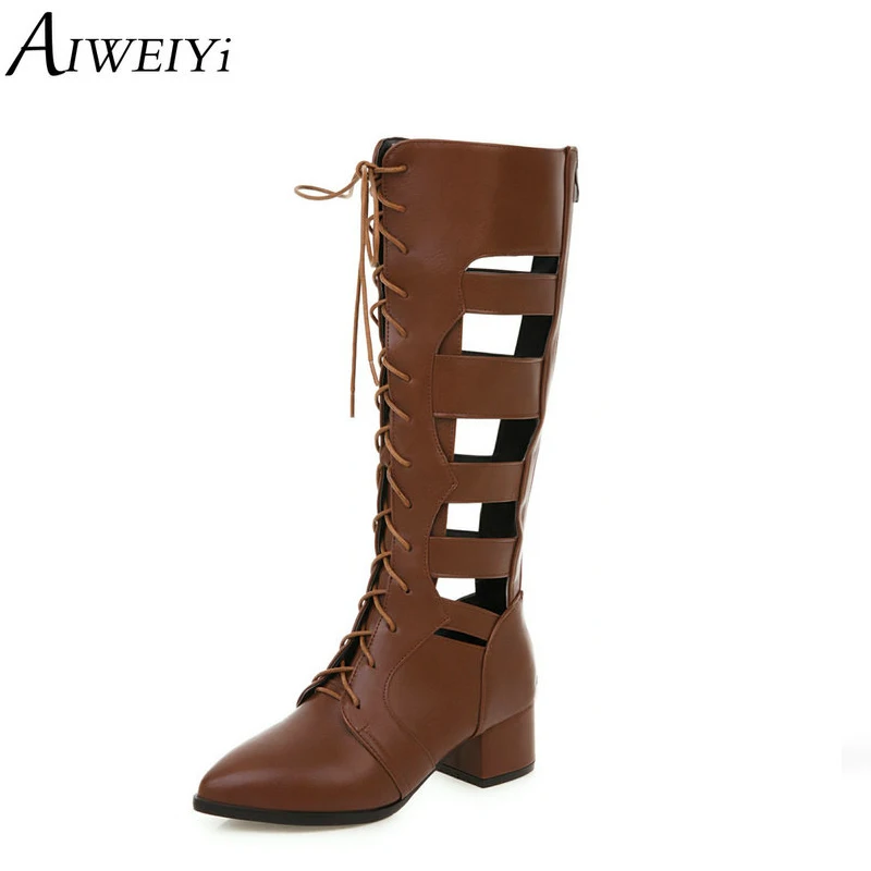 

AIWEIYi Summer Boots for Women Black Brown Pointed toe Square Heel High Heels Lace Up Knee High Boots Summer Botas Mujer