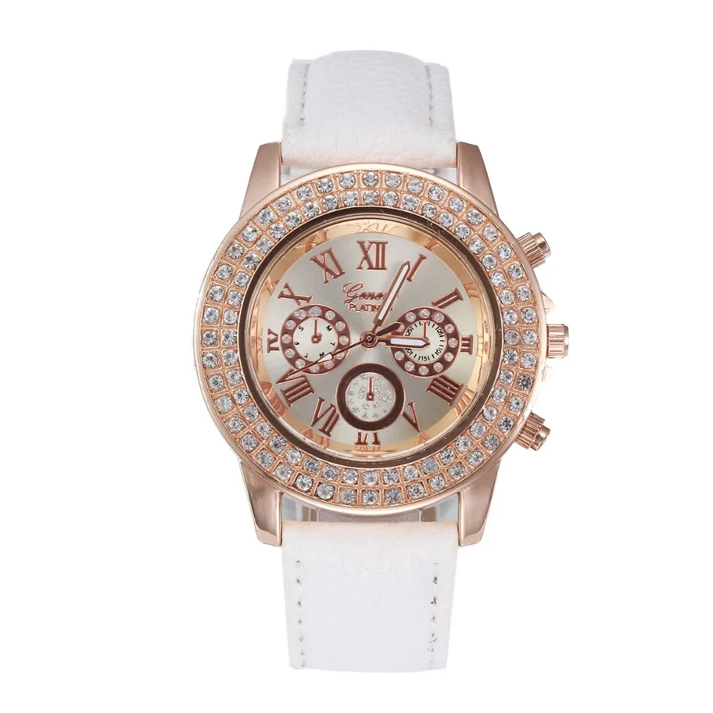 

New Fashion Geneva Leather Wristwatch Roman Style Quartz WristWatch Hot Sale Rose Gold Woman Rhinestone Dress Watches 6005