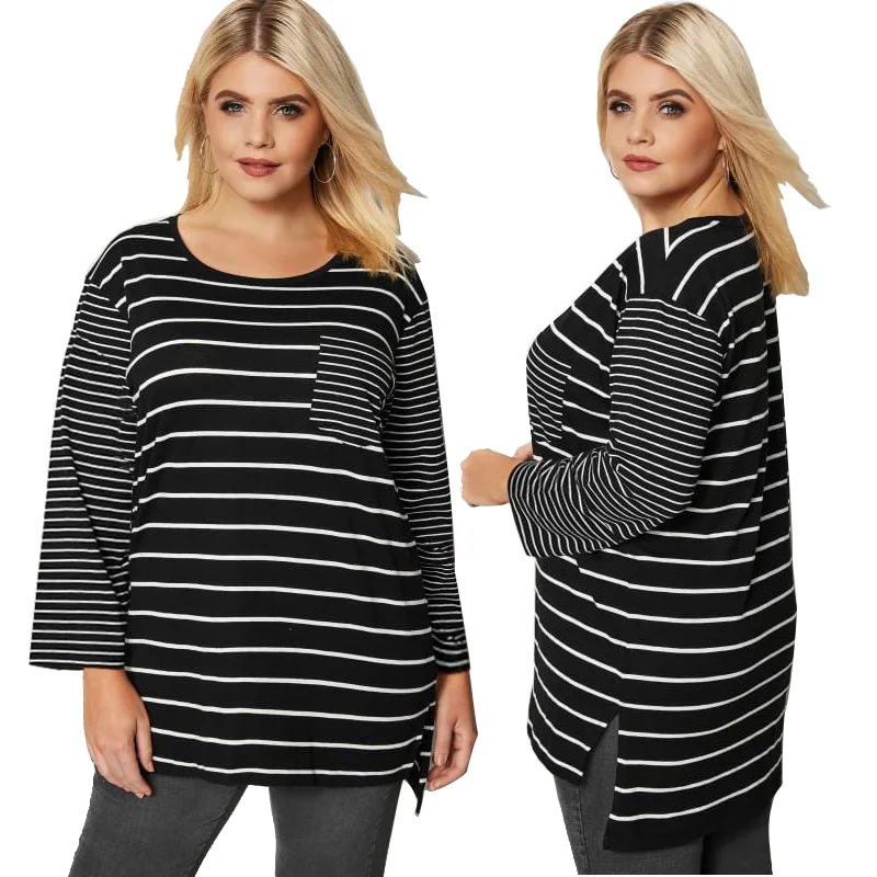 Женские топы в полоску большого размера плюс 5XL 4XL зимние Футболки с длинным
