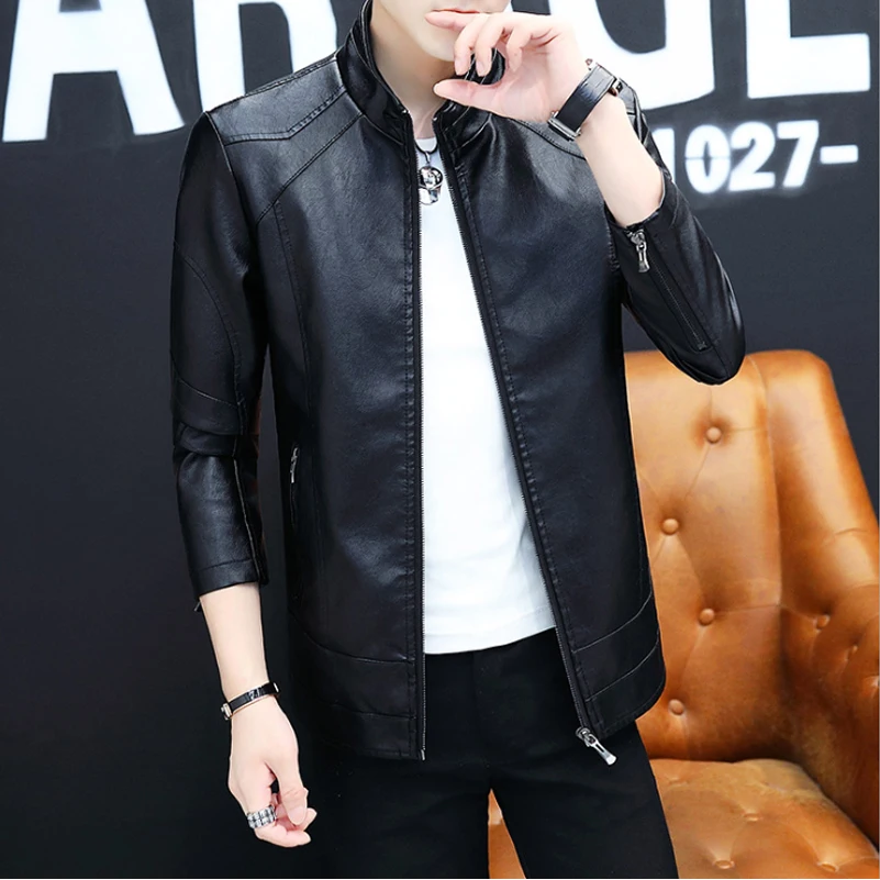 

UNIVOS KUNI Men Winter Casual Leather Jacket Men Slim Zipper Solid Color Outwear Leisure Windproof Homme Jacket Coat Men Q5242