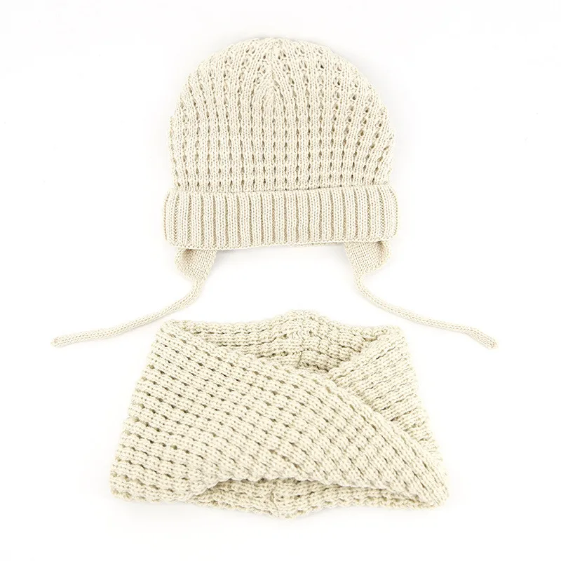 new knitting with ear string baby beanies scarf sets boys girls hats collars suits solid color children caps wraps kids wear hat