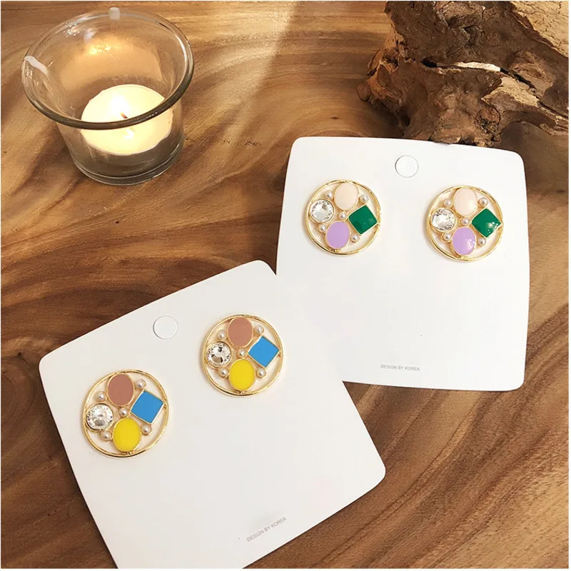 

Korea Earrings Pearl Geometric Color Drop Oil Zircon Stud Earrings Fashion Female Ear Rings 2019 Hypoallergenic Bohemian Jewelry