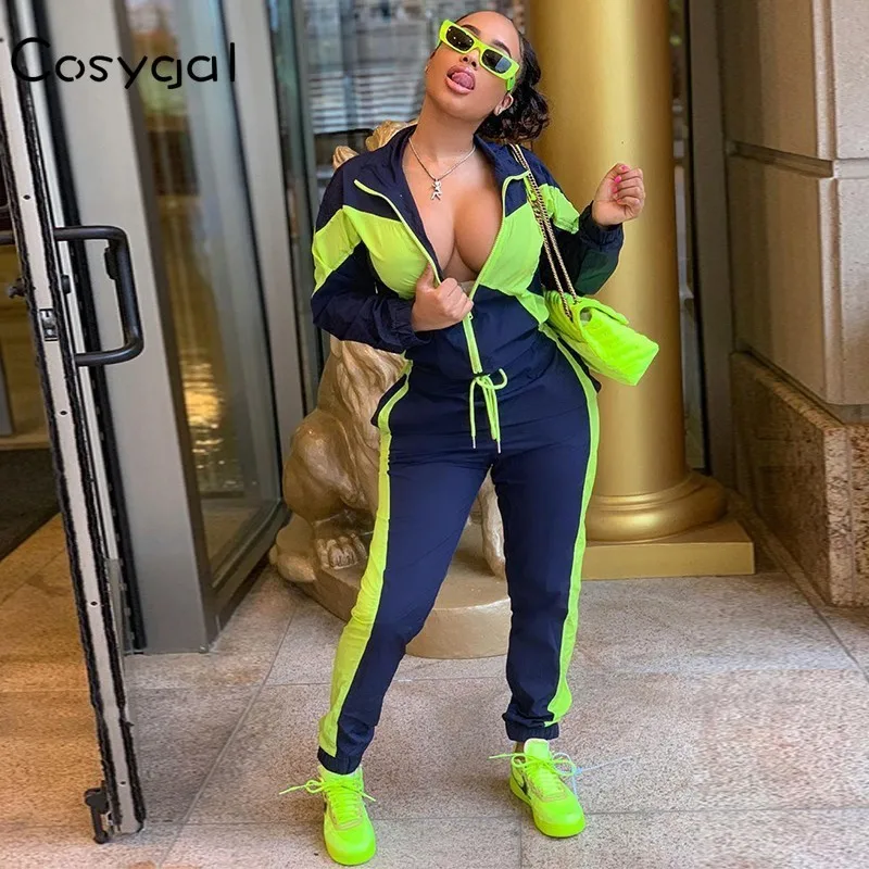 

COSYAGL Patchwork Streetwear Two Piece Outfits Coat+pants Two Piece Set Sexy Bodycon 2 Piece Set Women Nightclub Overalls Women