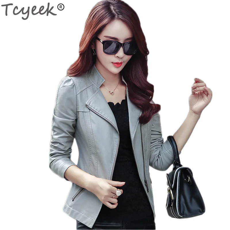 Женская короткая куртка из искусственной кожи Tcyeek Корейская кожаная однотонного