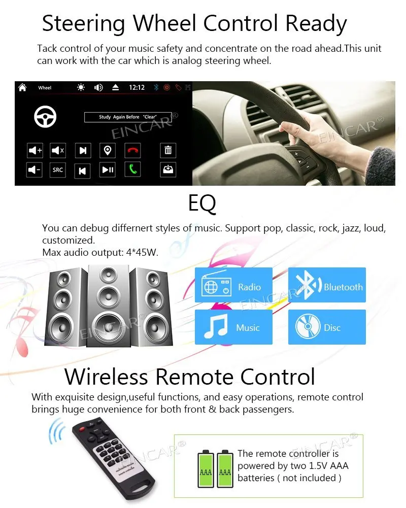 Best Eincar Car Radio Audio 2 Din Bluetooth Car Stereo Support RDS FM/AM 1080P Video Play Wireless Remote Control USB/TF Subwoofer 3