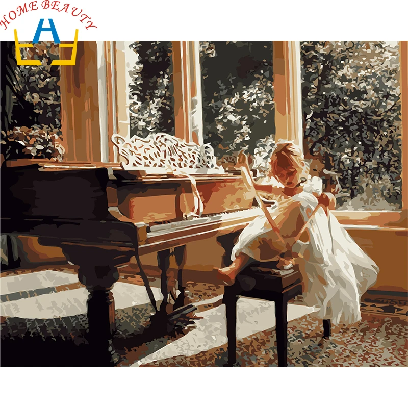 

New wall digital oil painting by numbers diy home decoration craft paint on canvas unique gift picture flower piano girl E614