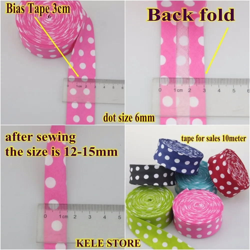코튼 바이어스 테이프 도트, 크기: 30mm,10meter 도트 바이어스 바인딩 폴드 테이프, 인쇄된 큰 흰색 반점 DIY 봉제