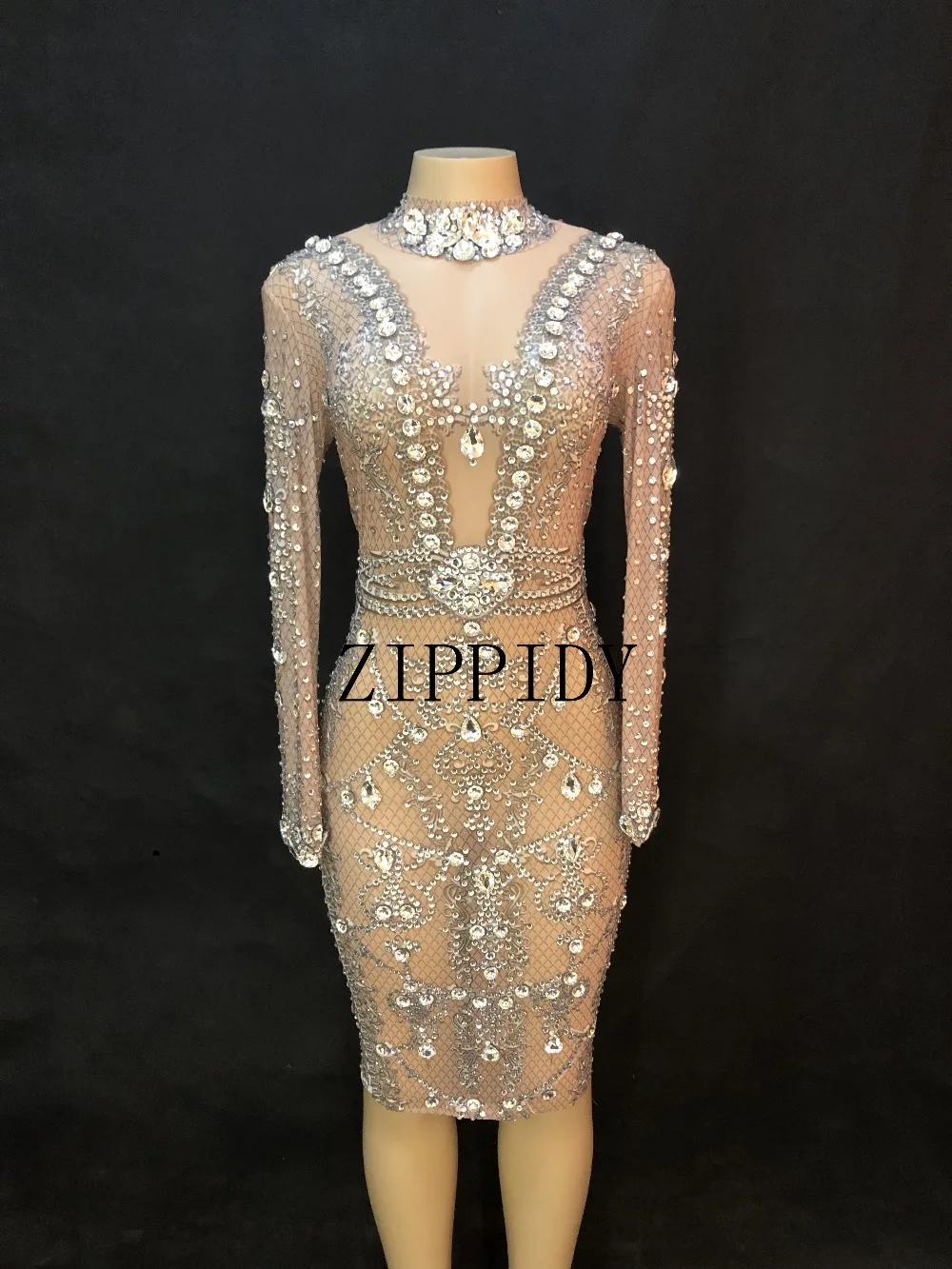 Блестящее Сетчатое платье с серебряными кристаллами, женские вечерние платья, костюм для празднования дня рождения, женское платье для выступления певицы