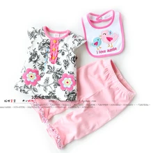 Детский комплект, модная футболка с короткими рукавами и цветочным принтом+ штаны+ нагрудник, комплект одежды для маленьких девочек, одежда для новорожденных