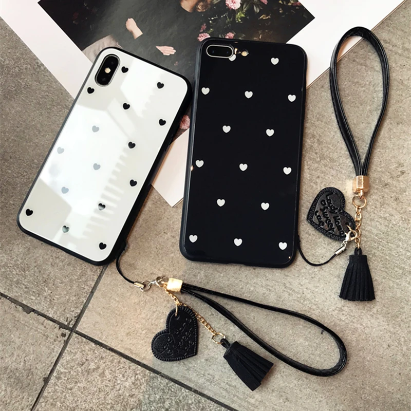 

BONVAN For iPhone X XR XS Max 7 Tempered Glass hard Case Love Heart Tassel lanyard Cover For iPhone 6 6S 7 8 Plus phone Cases