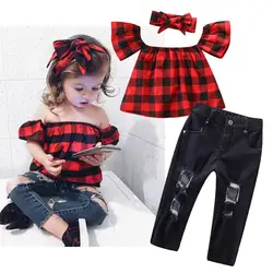 Одежда для девочек детская одежда для малышей Одежда для маленьких девочек клетчатый топ с открытыми плечами + комплект из джинсовых штанов