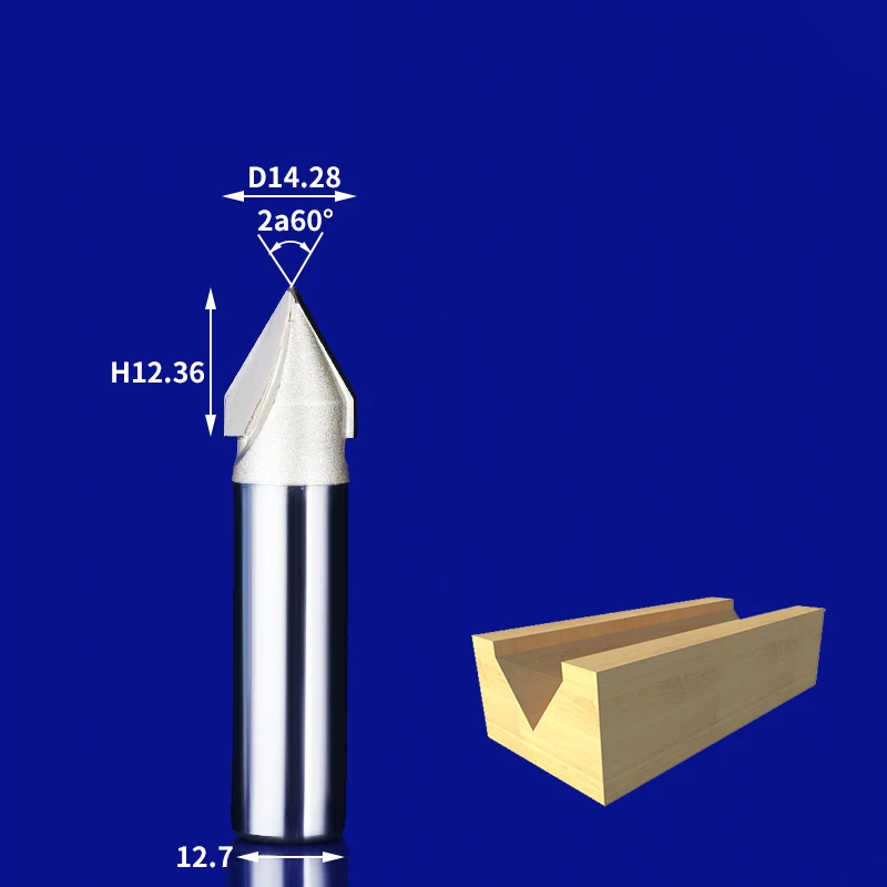 1pcs- твердый карбид cnc Концевая мельница, 3D 60 дегресс V бит, Концевая фреза для деревообработки, инструмент для дерева, Гравировальный фреза - Длина режущей кромки: 12.7 x 14.28