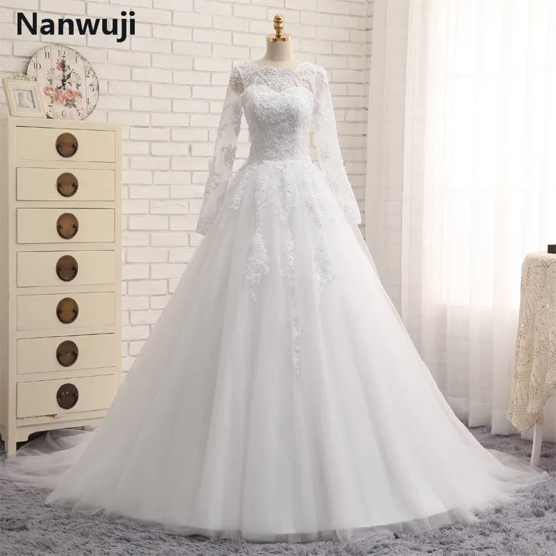 

Vestidos De Noiva 2014 Sweep Train Sheer Lace Zipper Back Long Sleeve Ball Gown Buttons Wedding Dresses Wedding Gowns
