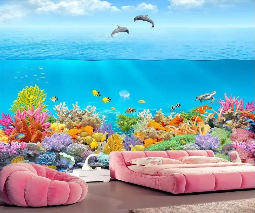 Подводный мир Дельфин залив Коралл 3D гостиная спальня фоновая стена|Обои| |