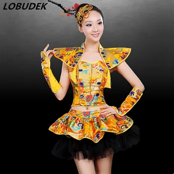 

Female Modern dance performance clothes Dancing Group jazz show Costume yellow embroidery sexy stage wear Festival drum costumes