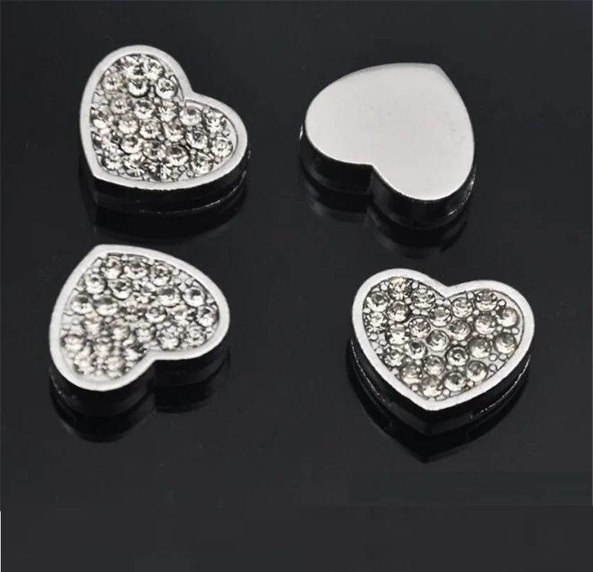 50pcs 8mm full rhinestone silver color Heart Slide Charms Fit Pet Dog Wristband Cat Tag Collar SL146 | Украшения и аксессуары
