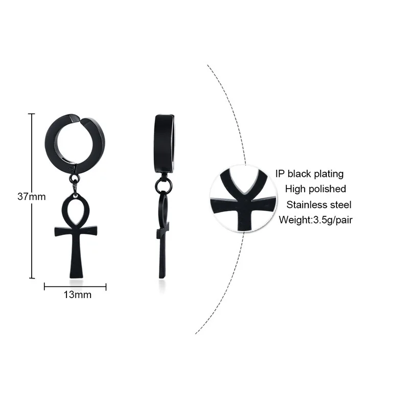 Eternal Cross Egypt Cleopatra Ankh Earrings for Men Jewelry Antiqued Black Stainless Steel Egyptian Queen Ankara Earing - Image 3