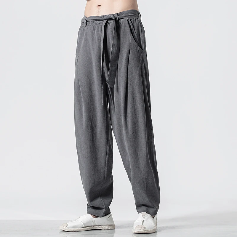 Spring and Summer New Chinese Men's Trousers Cotton loose and comfortable Leisure Flax Broad-legged Large size Hallen Trousers