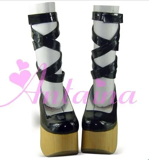 

Princess sweet lolita shoes Vintage lacing ribbon cross band HARAJUKU wedges platform wood heel doll maid shoes black pink 9836