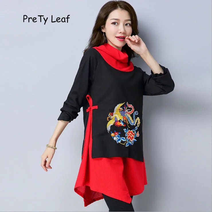

2017 national wind autumn complex cotton and linen long section of large size embroidered female high collar shirt
