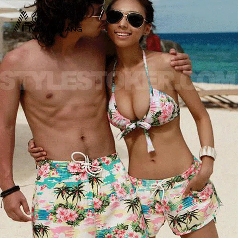 

2018 Popular Print Tree Flowers Couple Swimsuit Women Three-piece Biquini Set Beach Shorts Lovers Beachwear Men Beach Shorts