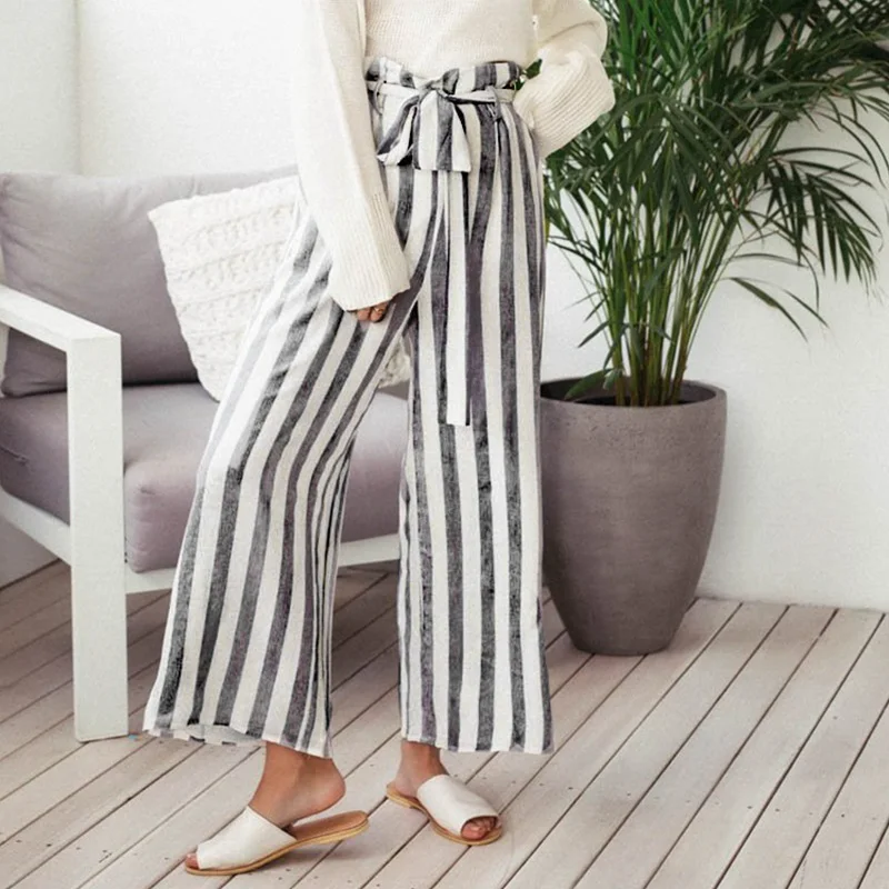 

Melegant Stripe Pants Women 2019 Bow Belt Tie Sash Pants Streetwear Fashion Wide Leg Pnats High Waist Pants Palazzo Pants