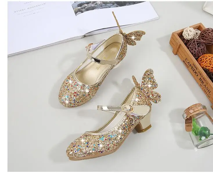 Новая милая детская обувь на высоком каблуке для девочек, модная детская обувь принцессы с блестками, вечерние обувь с бабочкой для