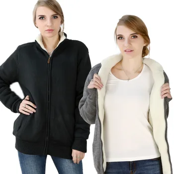 

Zerlos plus size women cardigan sweater coat winter thicken lambs inside wool liner zipper turtleneck Casual warm sweater