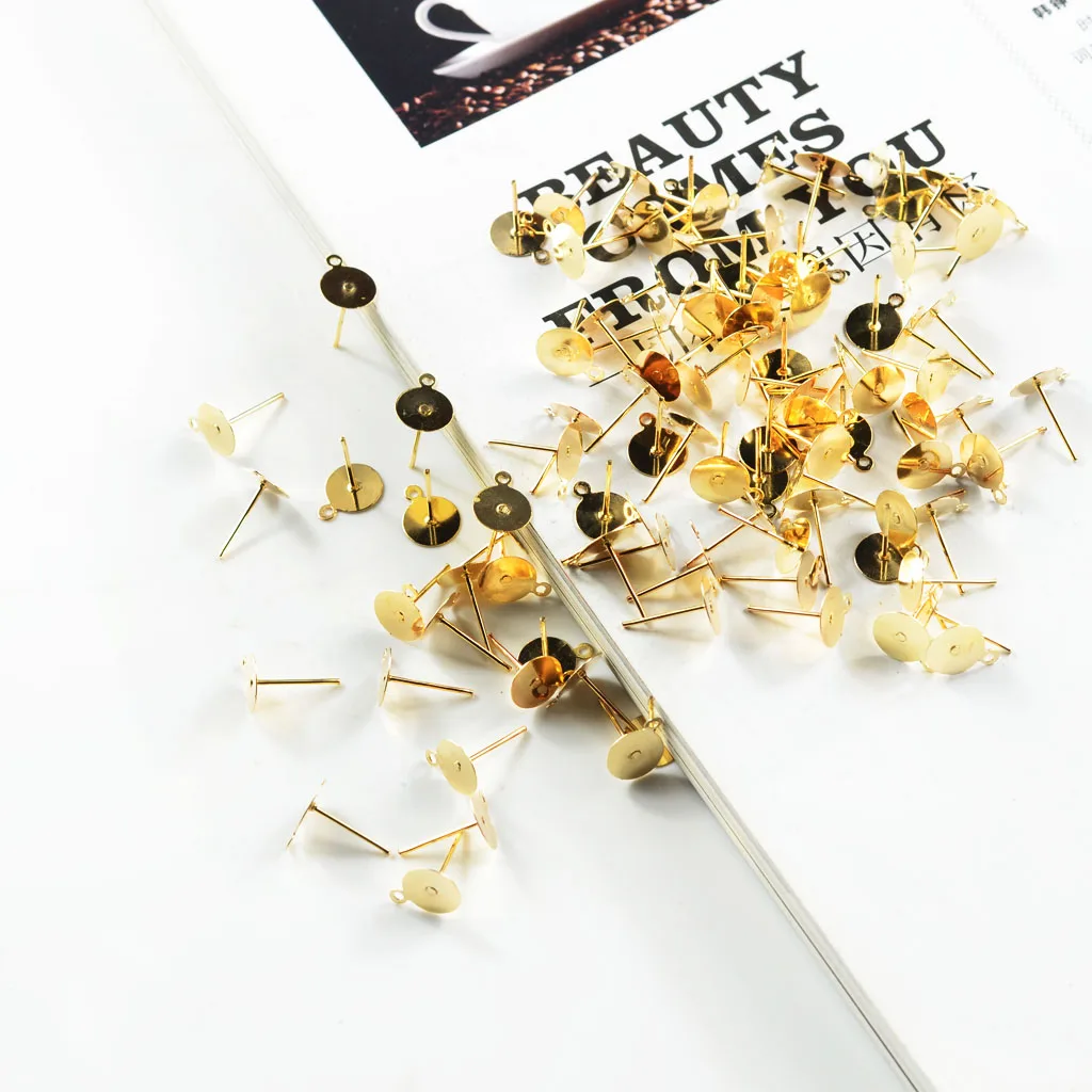 100Pcs Fashion 10x12mm Flat Pad Earring Post Ear Stud Post DIY Beads Holder Pearl Base Jewelry Findings Craft Making Accessories