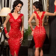 Красные коктейльные платья, элегантное платье с глубоким v-образным вырезом и длинными рукавами с кружевом длиной выше колена