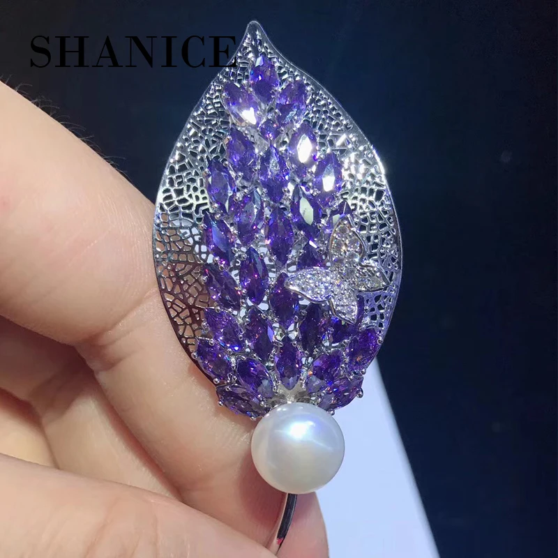 

SHANICE Micro Pave CZ Embellished Purple & Gold Brooches and Pins Silver Tone Tiny CZ Leaf Shaped Broach for Wedding