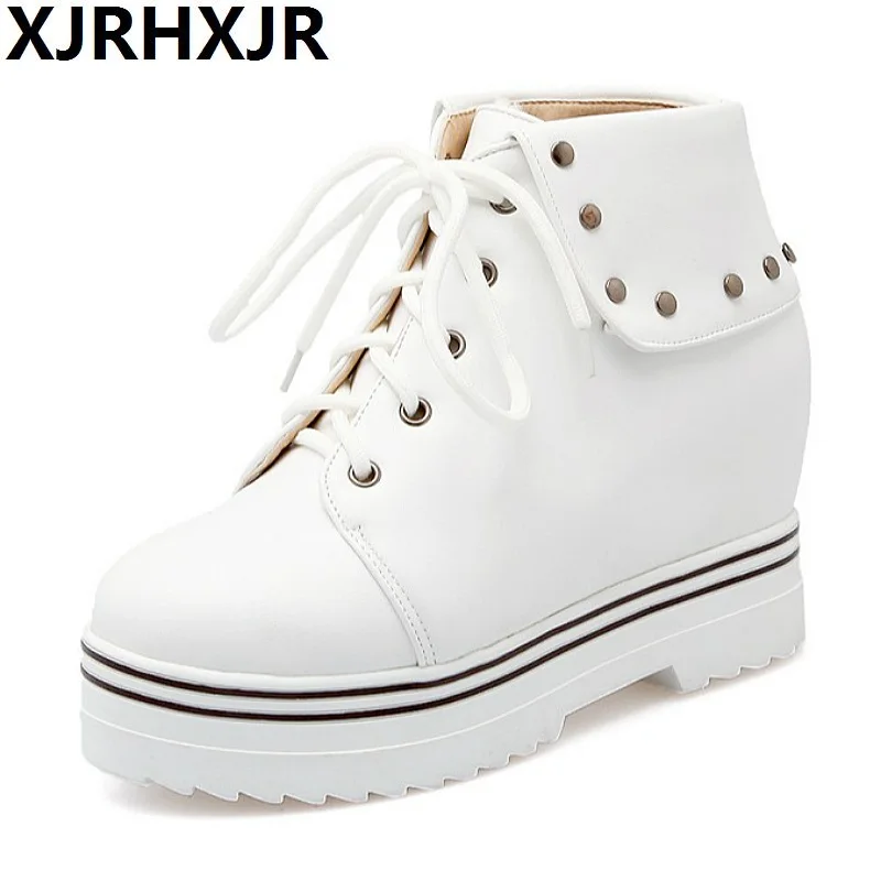 

XJRHXJR Fashion Women Boot Ladies Cross Tie High Increasing Ankle Boots Woman Winter Boots Platform Shoes Woman Size 34-43