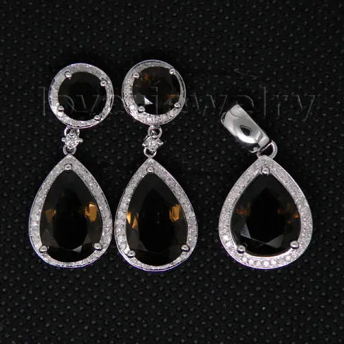 

Women Beautiful Jewelry Set In Solid 14Kt White Gold Diamond Jewelry Suit Smoke Topaz Earrings Pendant Top Sale