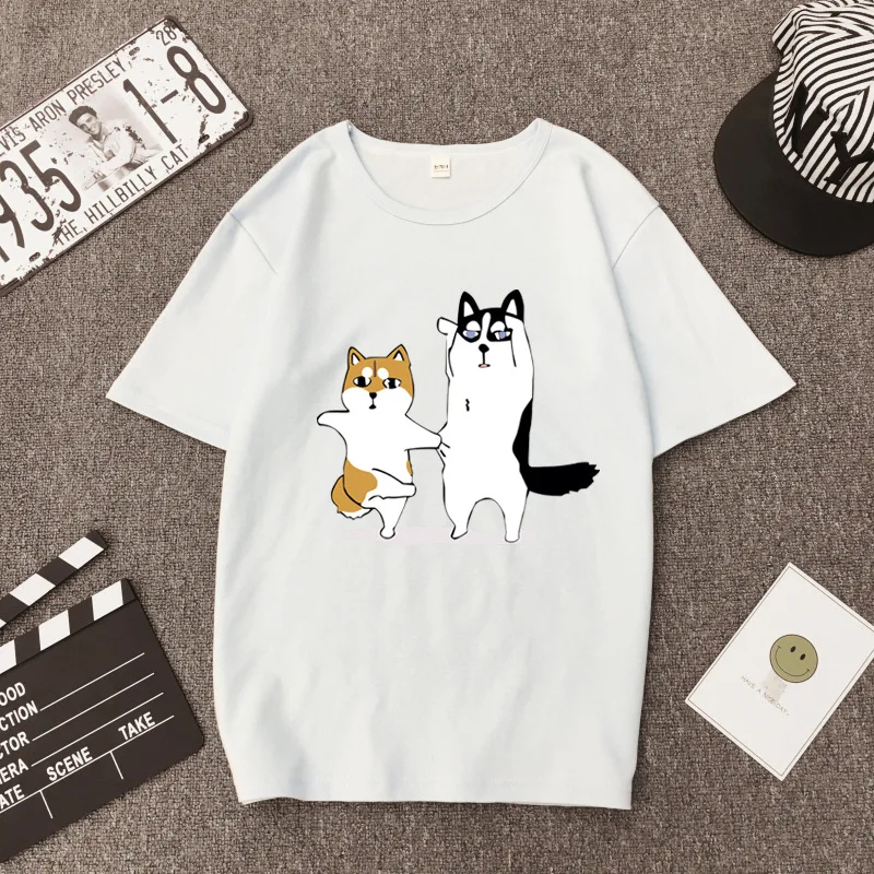 Милая футболка с принтом «Танцующая собака», женская футболка весна-лето, короткий рукав, круглый вырез, хлопок, спандекс, женские топы, футболки, повседневная женская футболка