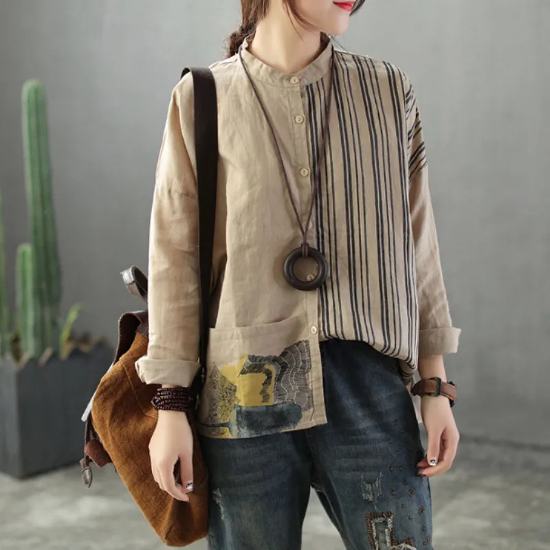 

Johnature Casual Shirts Cotton Linen Turn Down Collar Button Top Female Blouse 2019 Spring New Style Long Sleeve Stripes Blouse
