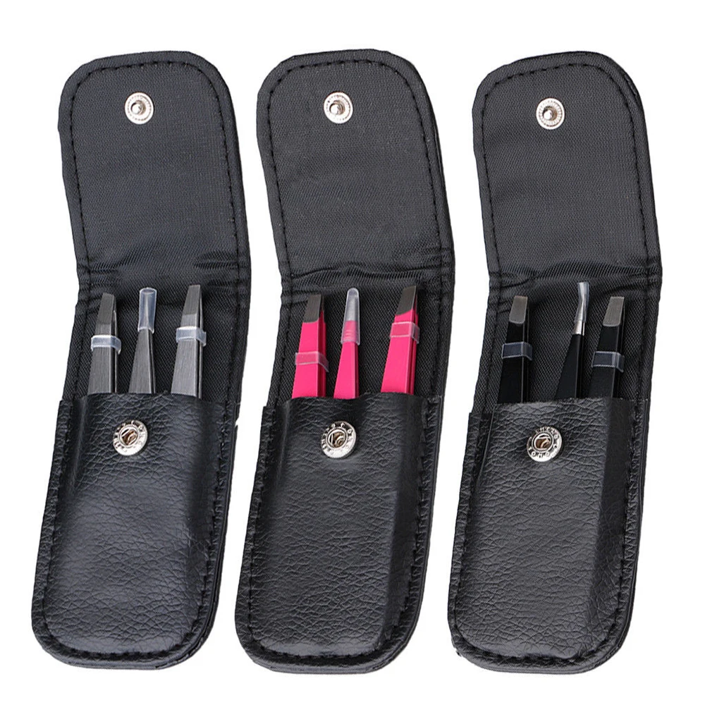 3Pcs/set Eyebrow Tweezers Stainless Steel Point Tip/Slant Tip/Flat Tip Hair Removal Makeup Tools Accessory with Bag Case