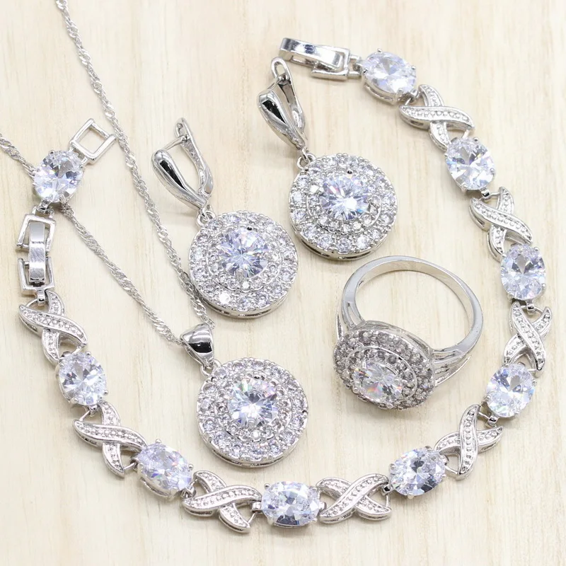 925 пробы серебряные Ювелирные наборы из чистого белого кубического циркония круглые серьги/кулон/ожерелье/кольцо браслет для женщин подарочная коробка