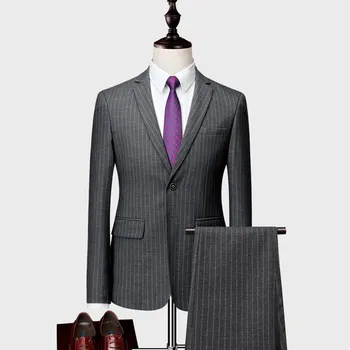 

Classic Stripe Men's Suit England Style Dress Slim Fit Wedding Suits For Men 2019 (Jacket +Pants) Formal Casual Tuxedo Suit Man