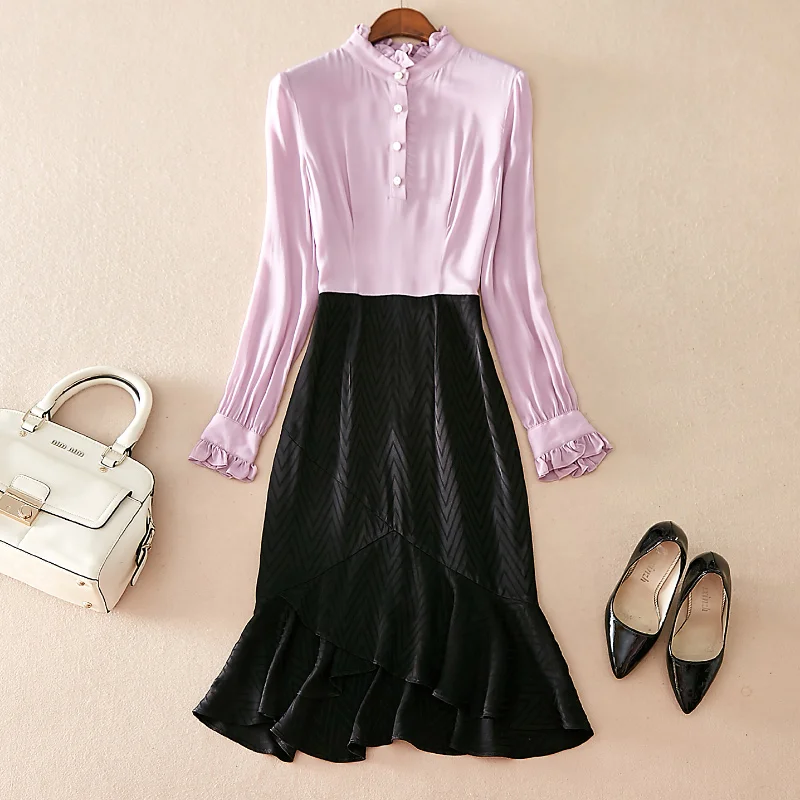 Montant Nouveau Décoration De Longues Couleur Printemps Contraste À Ourlet Robe Q425 Bouton Col Femme Manches 2019 Couture Volants zHd4qx4