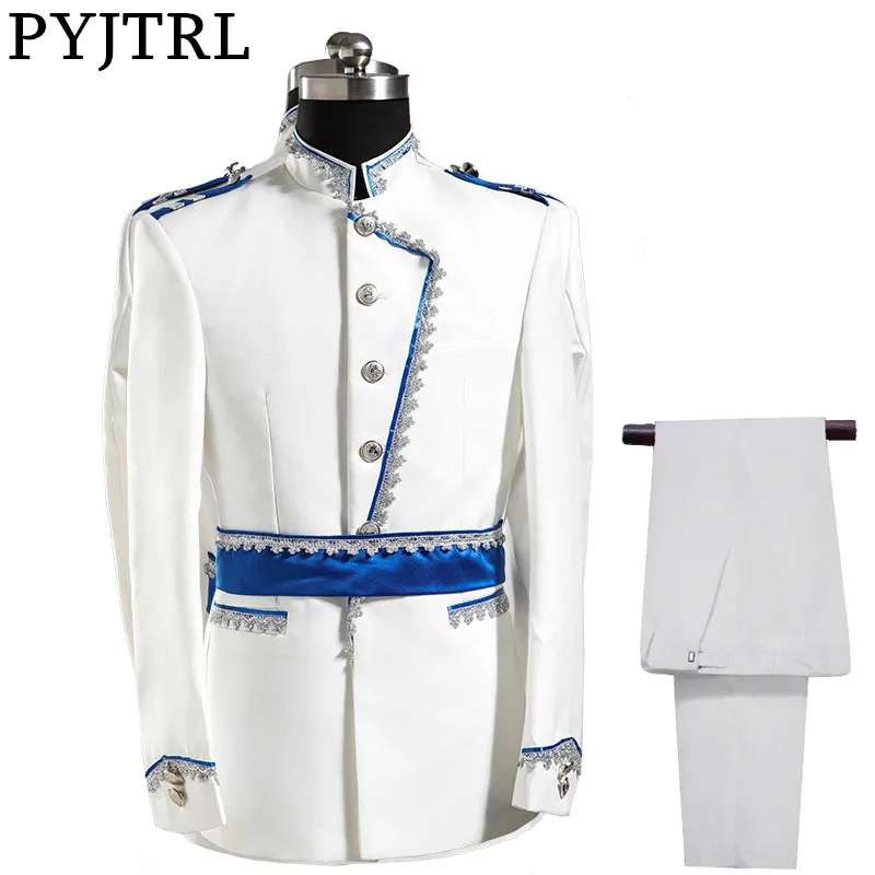 PYJTRL Европейский армейский Стиль Стенд воротник белый синий свадебный для мужчин DJ сценический для певца мужские костюмы со штанами костюм Homme Slim Fit