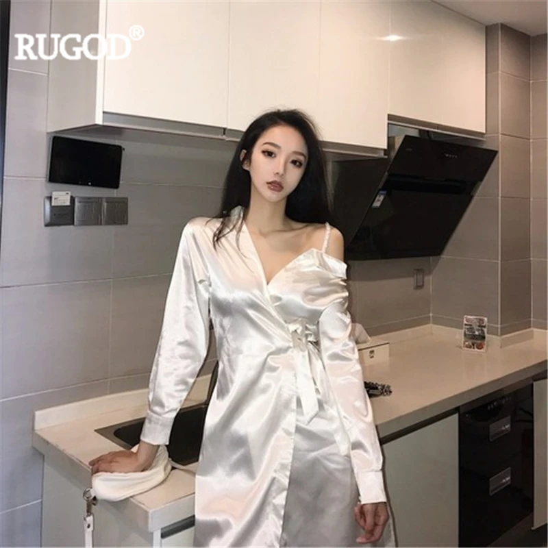 

RUGOD Silky satin women dress long sleeves v neck elegant solid sexy one shoulder casual sleeping wear modis femme sukienki